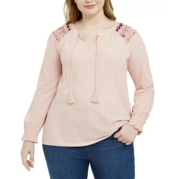 New Style & Co Plus Size 1X Cotton Lace-Trim Peasant Top Hibiscus Pink NWT - Picture 1 of 8